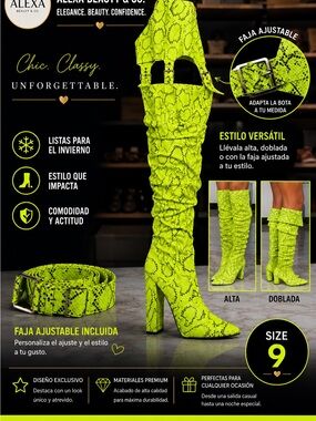 Women's Neon Green Snake-Print Knee Boots with Adjustable Belt
